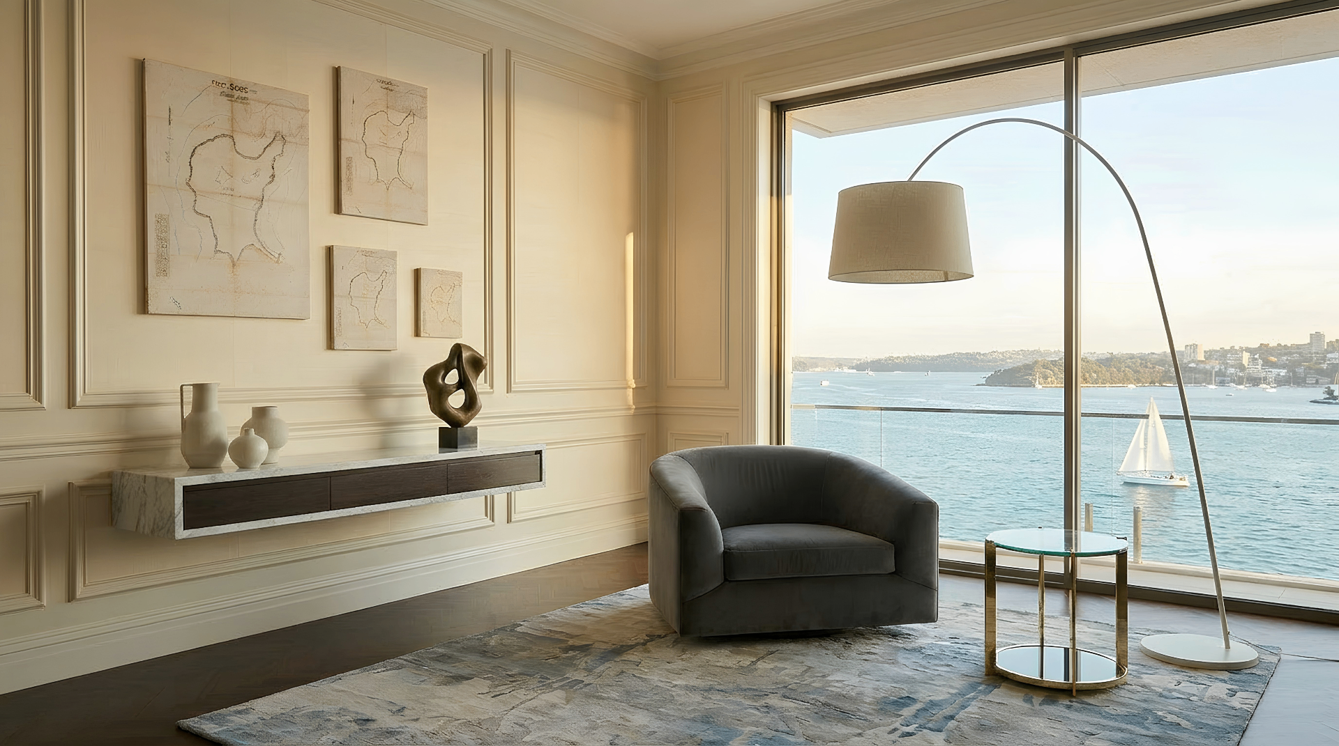 Survey plan artworks displayed in a harbourside Sydney interior